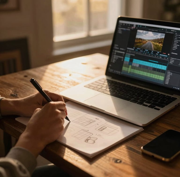 Hands sketching content plans on a warm wooden table next to a glowing laptop showing an editing timeline, soft golden-hour window light, cozy atmosphere
