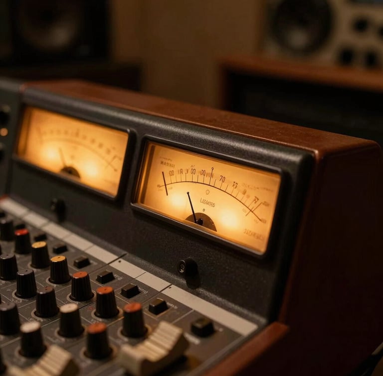 Close-up of a vintage mixing console in a warm, low-key dimly lit music studio, amber glow from the meters, shallow depth of field, 35mm photography
