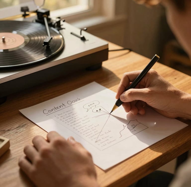 Close-up of hands sketching a content plan on a warm wooden table next to a vinyl player, warm golden-hour window light, shallow depth of field