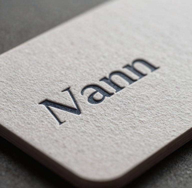 Extreme macro shot of a heavy textured paper business card with embossed typography, soft indirect daylight highlighting the physical paper grain and crisp edges.