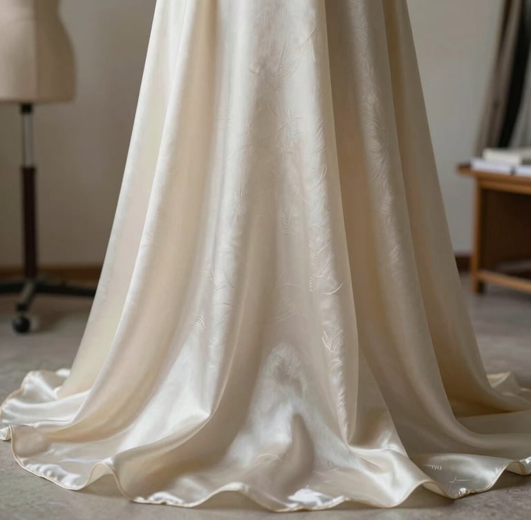 Close-up of premium raw silk fabric draped elegantly over a tailor's form in an empty studio. Soft, diffused daylight catches the delicate texture and organic weave of the textile.
