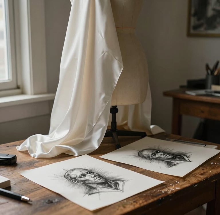 A quiet Salt Lake City atelier corner, soft daylight illuminating draped raw silk fabric on a dress form, charcoal sketches resting on a nearby wooden table.