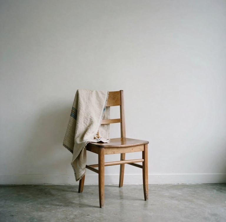 A quiet, empty studio corner in Salt Lake City with a single wooden chair and a draped textile sample, soft daylight.