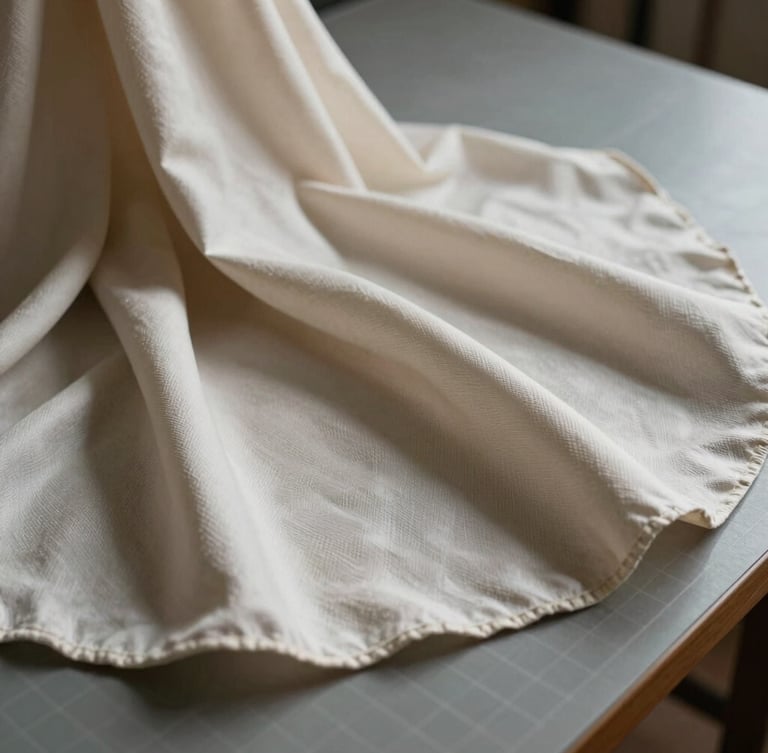 Macro photograph of heavy raw silk draping over a cutting table, soft indirect northern daylight highlighting the physical weave, quiet neutral tones.