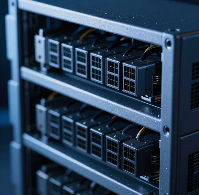 Macro close-up of high-precision server rack wiring under deep blue and cool white low-key lighting, structured physical hardware details.