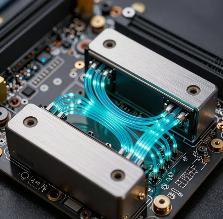 Macro shot of custom-routed server motherboard, glowing cyan fiber optic connections, brushed aluminum housing, ultra-sharp technical detail.