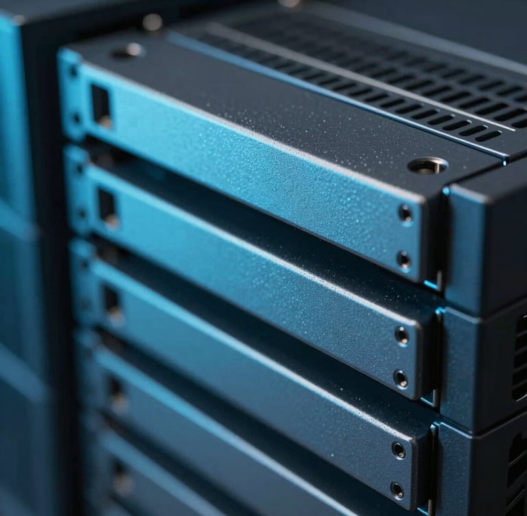Macro perspective of high-precision server rack units, sharp metallic textures, dark blue and electric cyan accent lighting, cinematic focus.