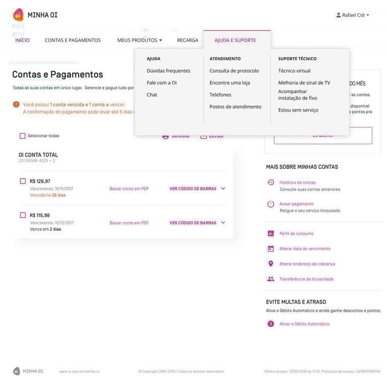 Menu ajuda e suporte Minha Oi