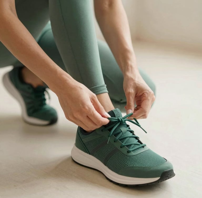 Close-up of a woman's hands tying her athletic shoes in a bright, minimalist studio. Warm editorial photography, soft natural daylight, peaceful atmosphere.