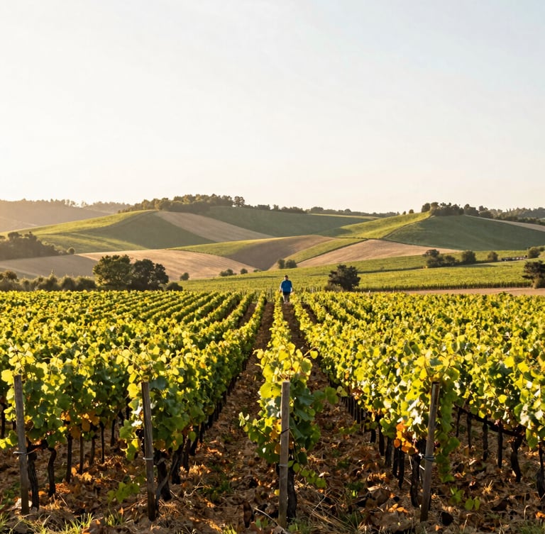Wide environmental photograph of a serene vineyard in Bourgogne during golden hour, soft warm light, rolling hills in the background, 35mm lens.