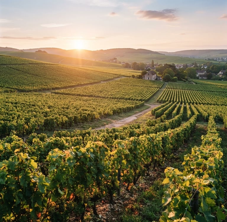 Bright editorial photography of a serene vineyard landscape in Bourgogne at sunrise, rolling hills, warm morning light, 35mm lens