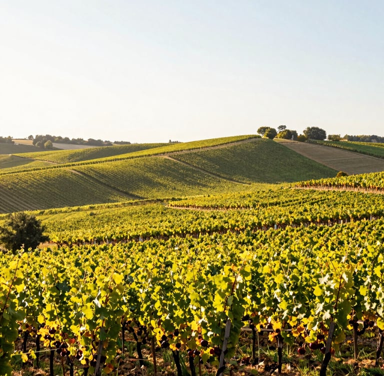 Wide environmental shot of golden hour vineyards in Burgundy, rolling hills under soft natural sunlight, calm and authentic French landscape
