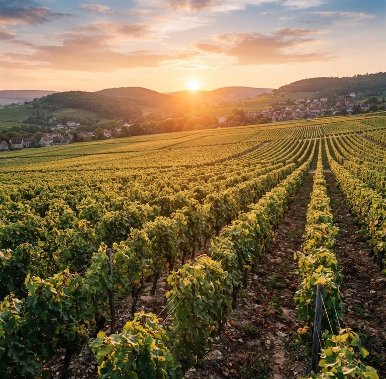 Bright editorial photography of the sun rising over the vineyards of Bourgogne, golden morning light hitting the grapevines, rolling hills in the background, warm tones, 35mm lens.