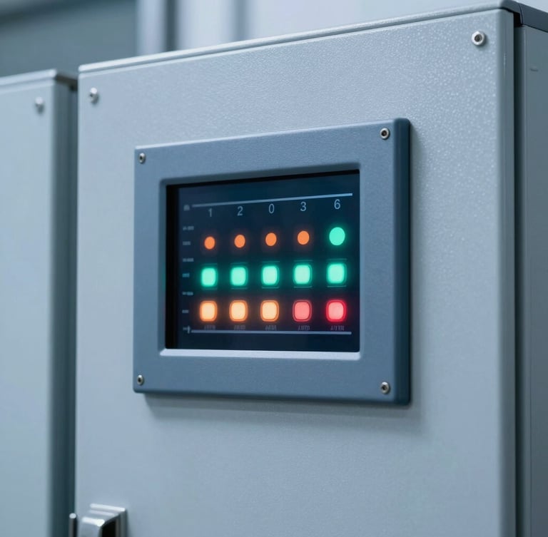 Crisp close-up of a digital control panel with glowing indicators, cool steel blue tones, modern industrial HVAC monitoring system, sharp focus