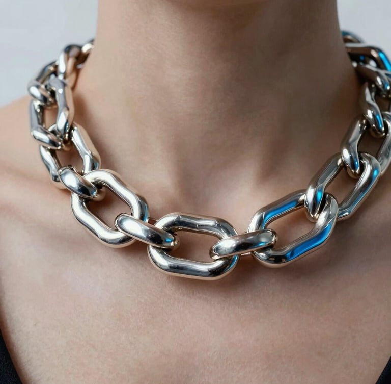 Close-up of a thick, organic silver chain link resting on a neck, sharp studio lighting with electric blue gel highlights, high-contrast metallic reflections, contemporary jewelry photography