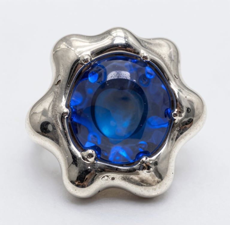 Macro shot of molten sterling silver solidifying into organic, fluid shapes, high contrast studio lighting, electric blue gel reflections, sharp metallic textures, 35mm