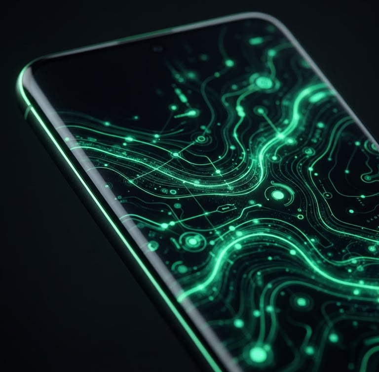 Extreme close-up macro shot of a sleek, dark-mode Android smartphone displaying a fluid, high-refresh-rate interface, subtle electric-green edge lighting, high-contrast studio light.