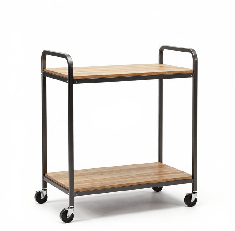 Straight-on eye-level studio shot of a premium metal and wood retail display cart on wheels, clean bright background, sharp focus, 50mm lens