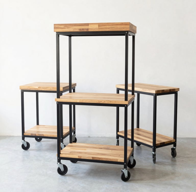 Straight-on eye-level commercial photography of three heavy-duty mobile flower carts with tiered oak shelves and black steel frames, bright studio lighting.