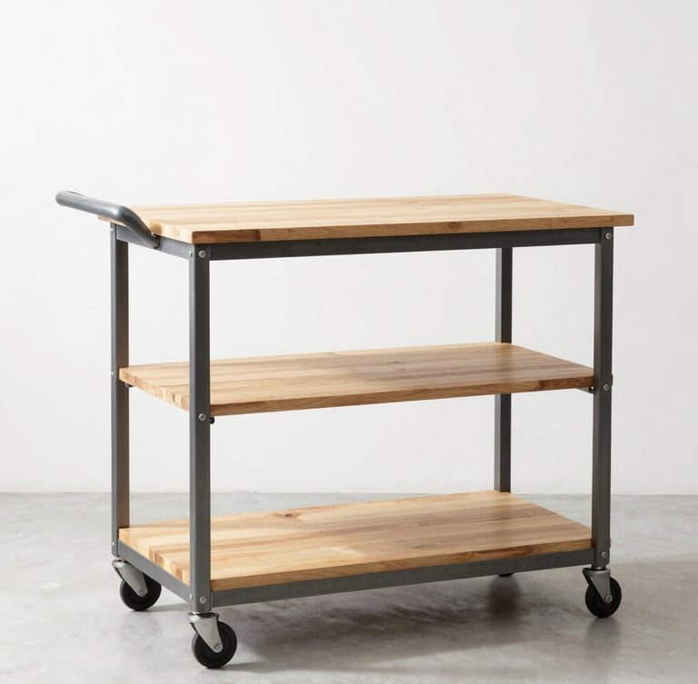 Straight-on portrait shot of a mobile flower trolley showing industrial weld joints and natural timber shelves, clean studio background, bright natural light, sharp focus
