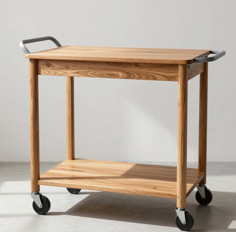 Straight-on eye-level studio shot of a premium mobile flower cart, showcasing clean weld joints and warm oak timber shelves under bright natural light