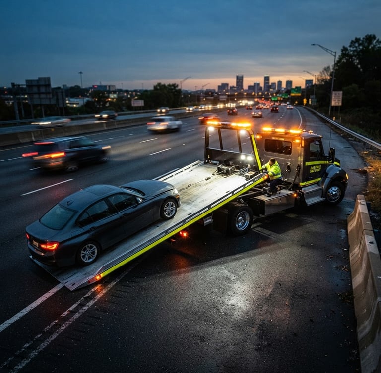 Wide-angle action shot of a clean modern flatbed towing truck operating under crisp emergency beacon lighting on a highway at dusk, high-contrast yellow and charcoal tones