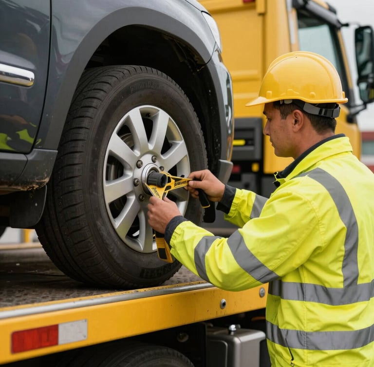 Professional tow truck driver in high-visibility yellow safety gear securing a car wheel with heavy-duty straps, close-up shot, sharp details, daylight.
