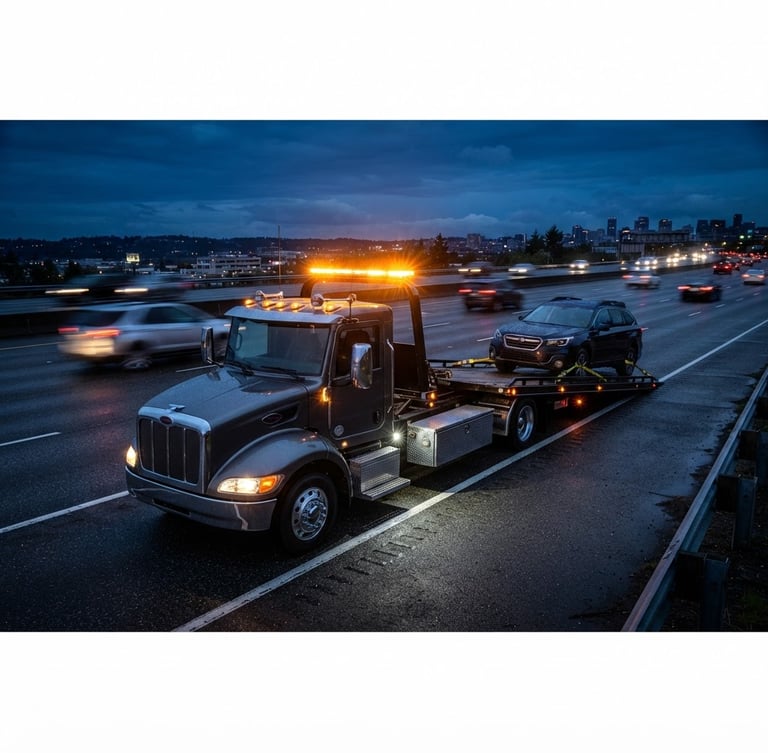 A modern flatbed towing truck parked securely on a highway shoulder during twilight, crisp yellow safety beacons glowing, high-contrast sharp commercial photography.