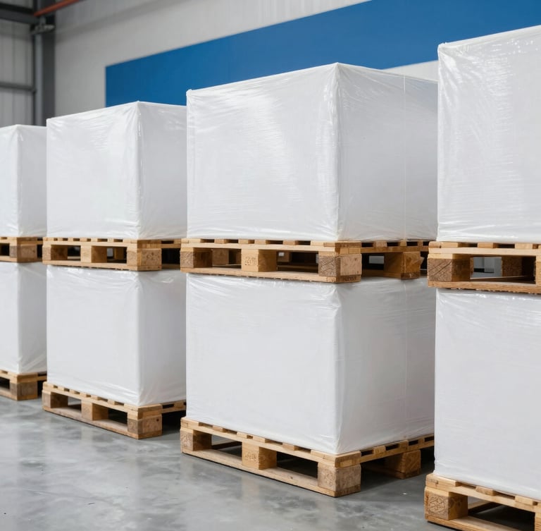 Bright commercial photography, clean modern warehouse environment with organized pallets, soft daylight, sharp focus, professional B2B logistics