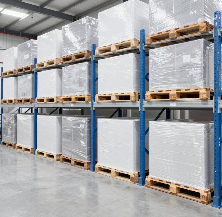 Bright commercial photography of a clean, modern warehouse interior with organized shelves and pallet-ready stock under even daylight, sharp focus