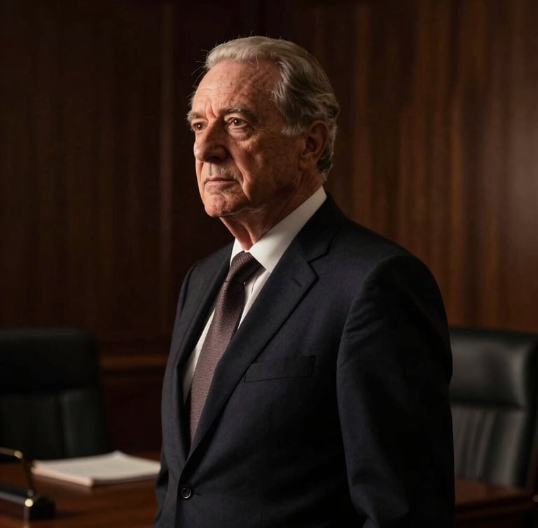 Dramatic side-lit portrait of senior legal counsel in a dark tailored suit, deep shadows, warm copper-gold highlights, corporate office background, 35mm.