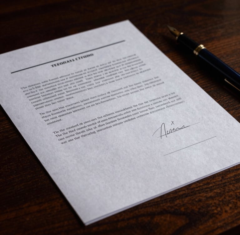 Close-up of signed legal documents on heavy textured paper, resting on a dark walnut desk with a classic fountain pen, low-key dramatic lighting.