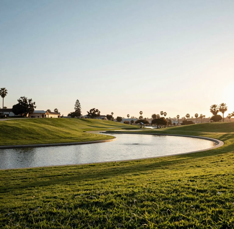 Sun-drenched, manicured landscape of San Diego Hills memorial park at golden hour, soft morning light reflecting off a quiet water feature, expansive lawns, wide-angle peaceful perspective.