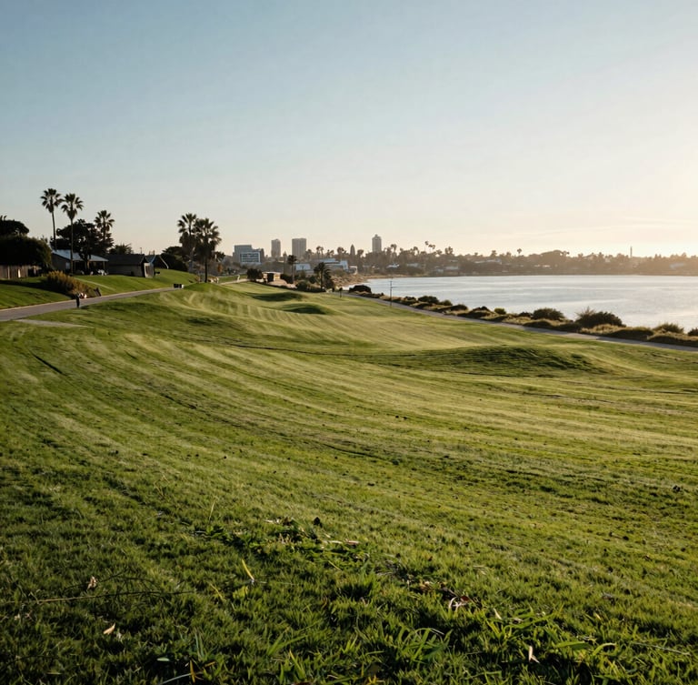 Sun-drenched wide panoramic landscape of San Diego Hills memorial park, manicured green lawns, serene lake in the distance, soft morning light