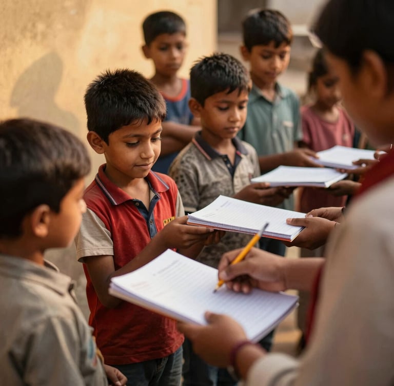 Candid eye-level shot of local children in Patna receiving notebooks and pencils from volunteers, warm golden hour light, authentic emotions