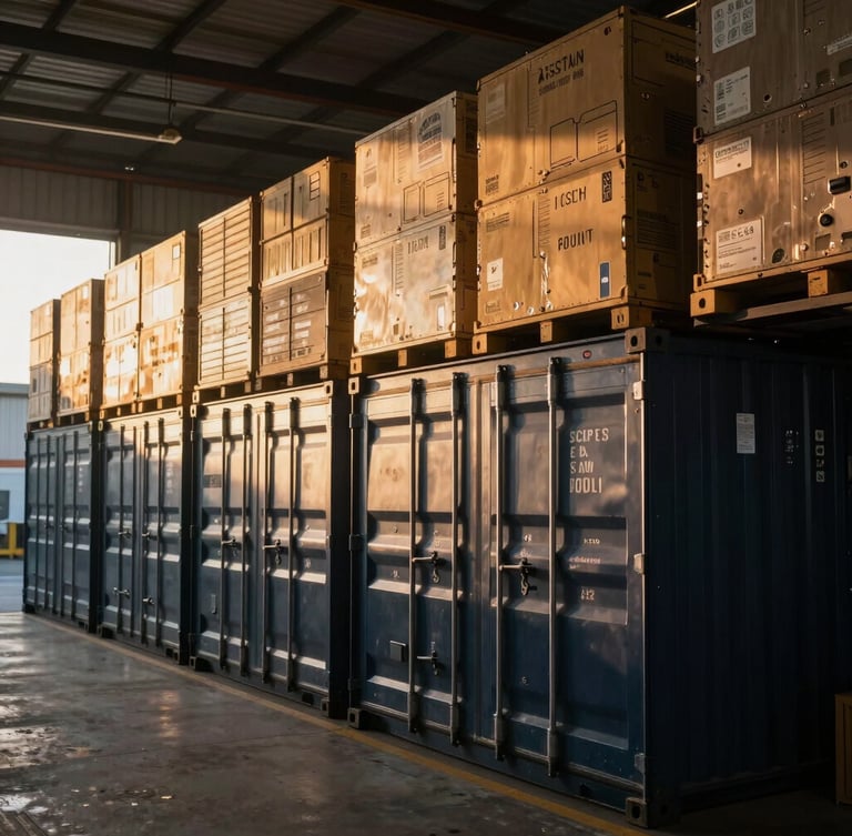 Crisp early morning daylight over an organized warehouse interior, steel cargo container locks and stacked industrial crates in sharp focus, dust motes in light beams.