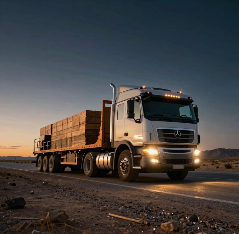 Low-angle dramatic shot of a heavy flatbed truck transporting building materials on an open desert highway during twilight, warm gold headlight glare, commercial photography style.
