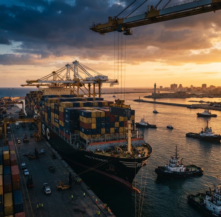 Dramatic wide-angle shot of a massive container vessel loading heavy cargo at Port Said gateway during golden hour, deep navy and gold tones, 35mm.