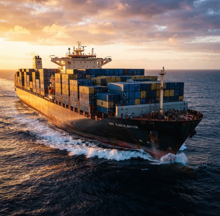 Low-angle dramatic shot of a massive modern container ship loaded with blue and gold containers, cutting through deep ocean water at dawn, crisp golden-hour lighting.