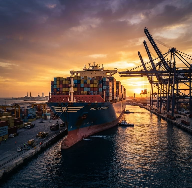 Dramatic low-angle shot of a massive container ship docked at Alexandria port during golden hour, industrial cranes silhouetted against a warm sky, deep navy water.