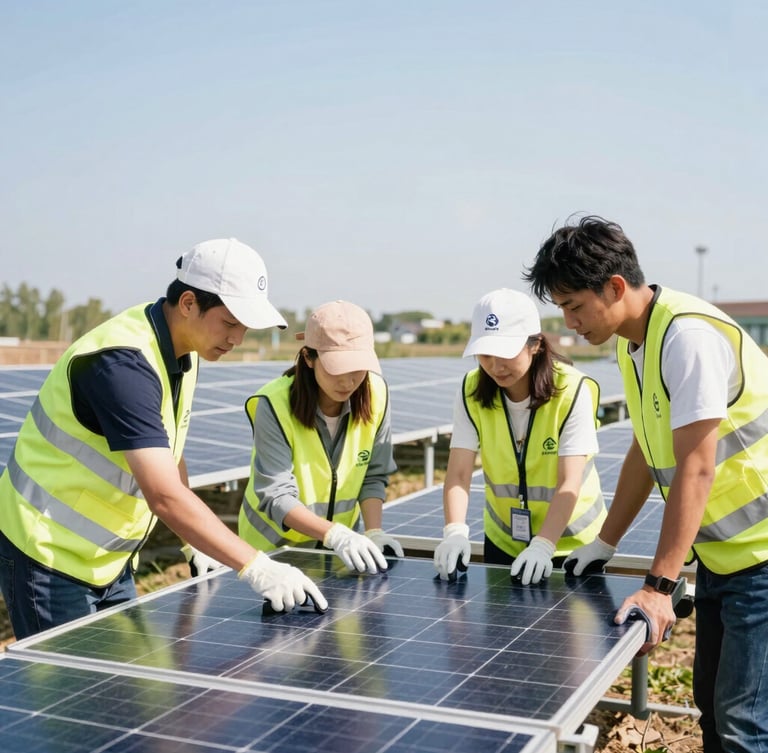 Candid environmental shot of volunteers working together in a community-led solar energy installation, bright natural daylight, optimistic editorial style, 35mm.