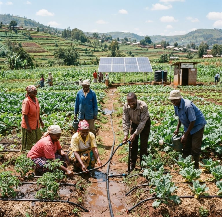 Wide-angle environmental shot of community agricultural project, diverse local farmers tending to solar-powered drip irrigation systems in bright natural daylight, 35mm photography.