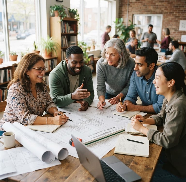 Bright optimistic editorial photography of a diverse group of community members collaborating around a large table with architectural blueprints, natural daylight, 35mm.