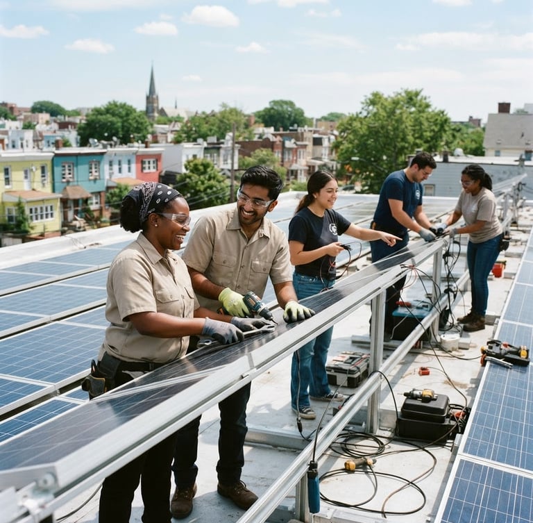 Candid environmental shot of a community-led solar installation, diverse team of local technicians working together under bright natural daylight, 35mm editorial style.