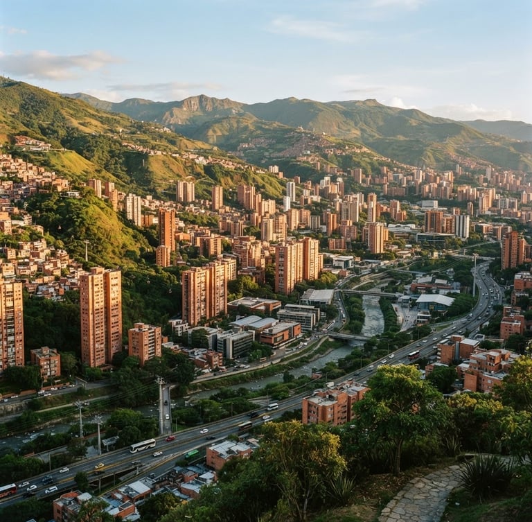 Wide environmental shot of the modern skyline of Medellín nestled in the valley, warm golden-hour sunlight highlighting brick towers and green mountains, 35mm photography
