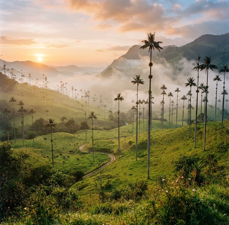 Wide environmental shot of the majestic Valle de Cocora at sunrise, towering wax palms piercing the morning mist, lush green rolling hills of Quindío, warm golden-hour sunlight, 35mm photography.