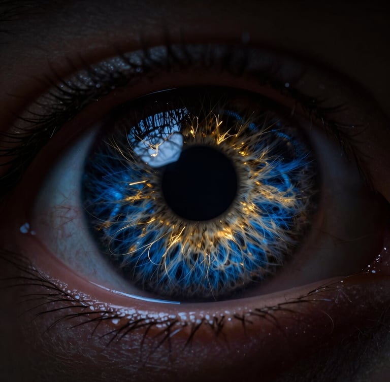 Extreme macro photography of a human iris, ultra-high-definition showing intricate gold and deep blue fiber details, high-contrast studio lighting, deep black background