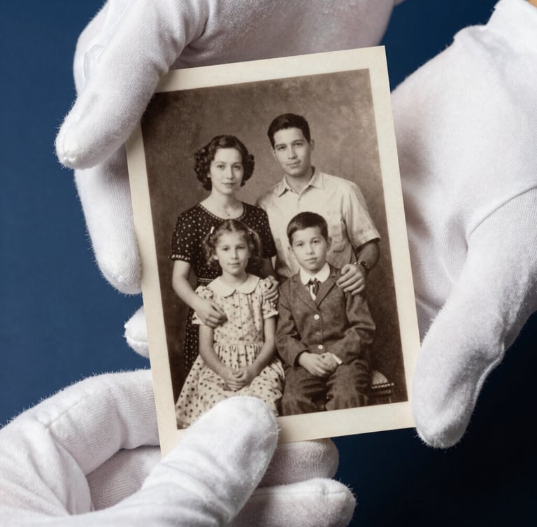 Extreme close-up of hands wearing white cotton gloves holding a vintage sepia family portrait under soft studio light, showing delicate paper texture.