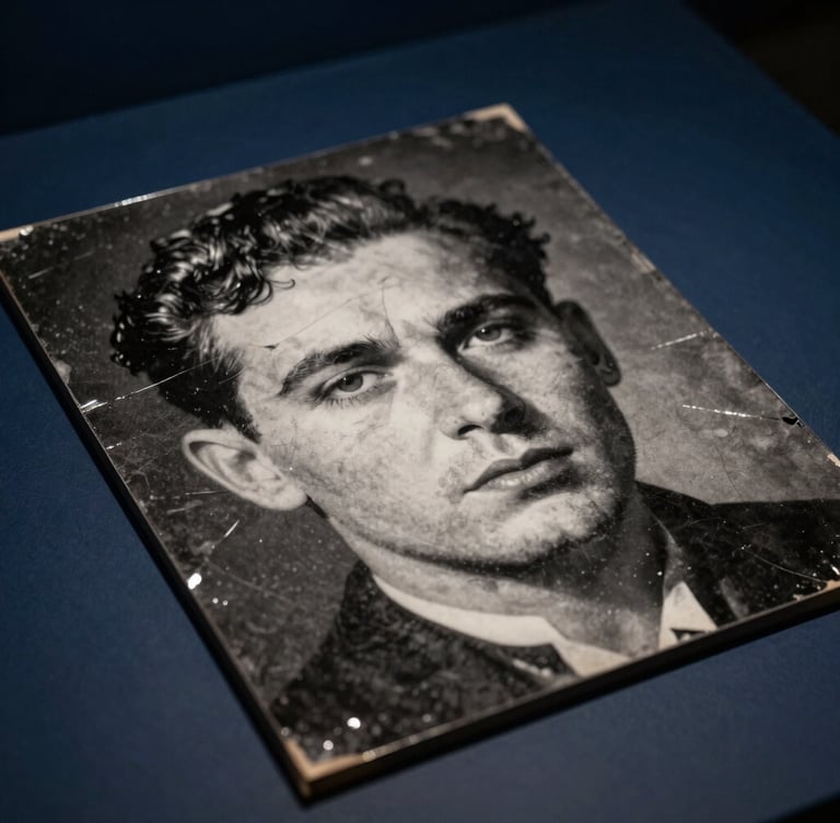 Close-up of a severely damaged vintage black and white portrait from the 1920s, showing cracks, silver mirroring, and faded contrast, handled carefully on a dark gallery table.