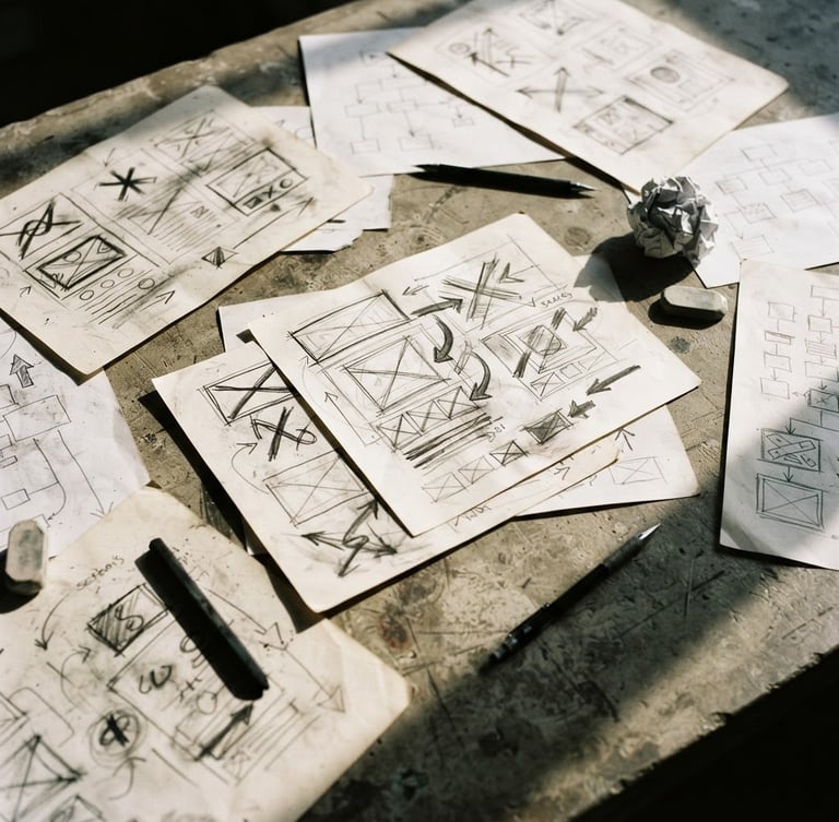 Gritty editorial shot of hand-drawn campaign layouts on a concrete desk, harsh direct sunlight, deep shadows, 35mm film grain.
